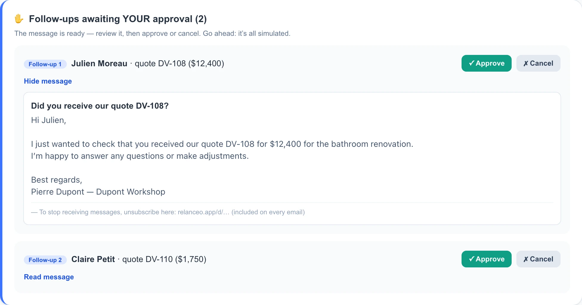 A follow-up prepared by Lienzor, awaiting approval: the full message is shown, with Approve and Cancel buttons.